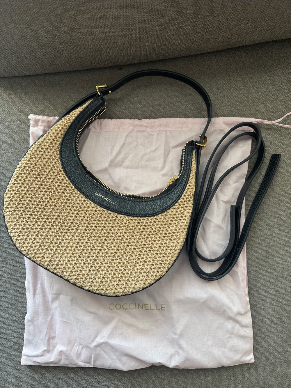 Coccinelle Black leather & Raffia Crescent Bag